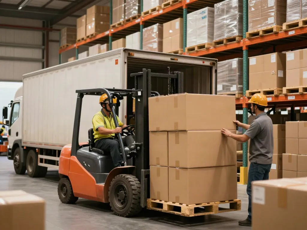 Ocargo Spedition: Mitarbeiter im Lager beim Verladen von Fracht für den Transport.
