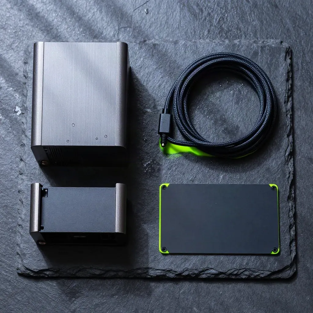 Overhead flat lay of a VPS box, SSD tray, cable, and thermal pad on wet slate with green glow