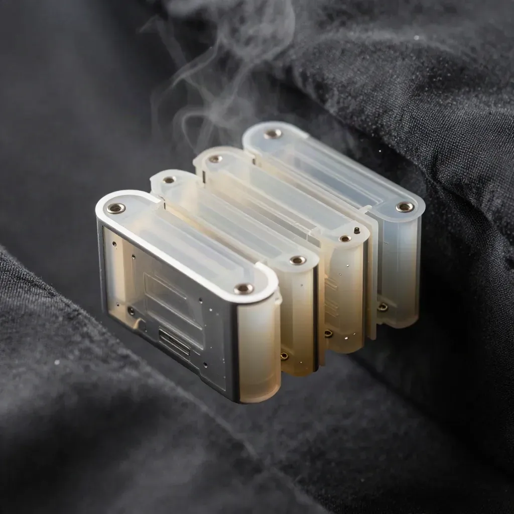 Macro of a modular cloud node cluster in charcoal fabric with mist and rim light.