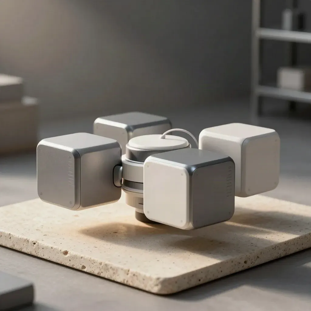Four cloud node cubes around a hub on stone with soft haze and white accents.