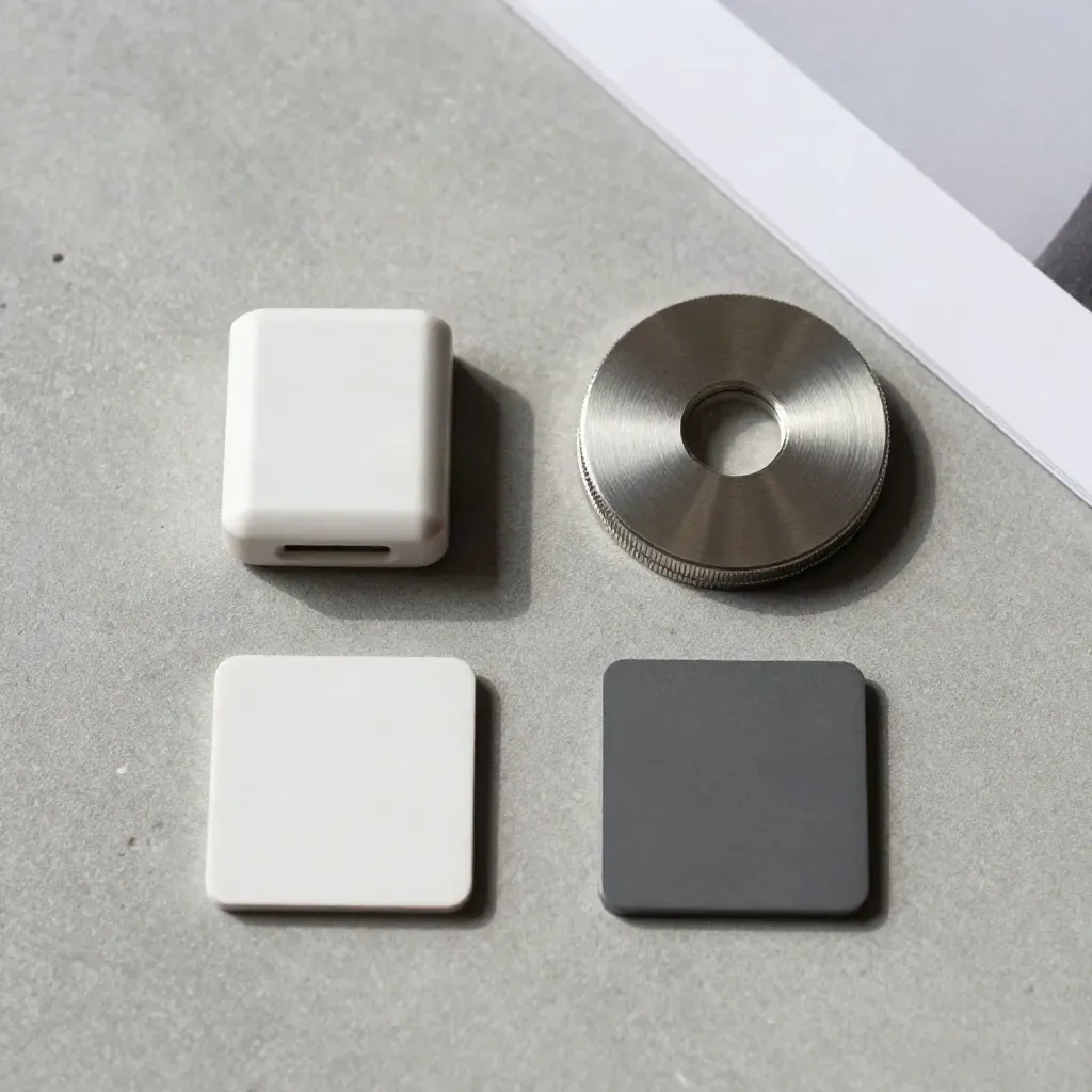 Overhead flatlay of a hardware token, metal seal, and two card-sized modules on cool concrete.
