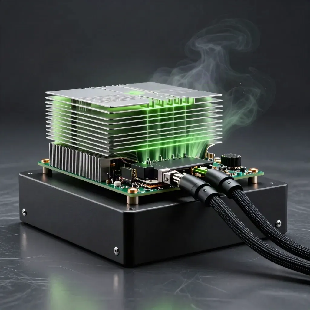 Dark hero server module with fins and green airflow glow on a matte-black pedestal.