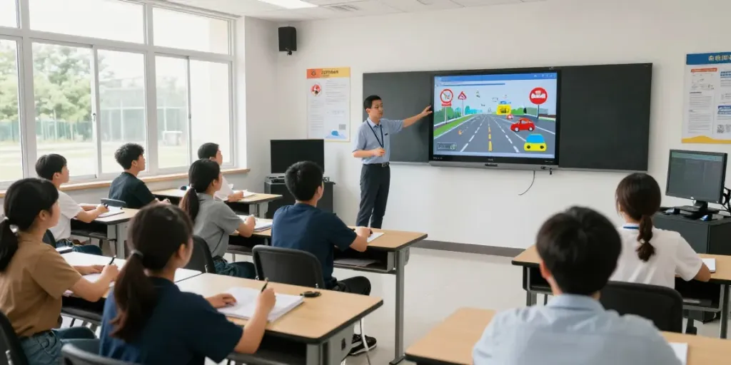 A classroom scene at автошкола with students learning driving theory, instructor using interactive screens, bright and engaging environment.